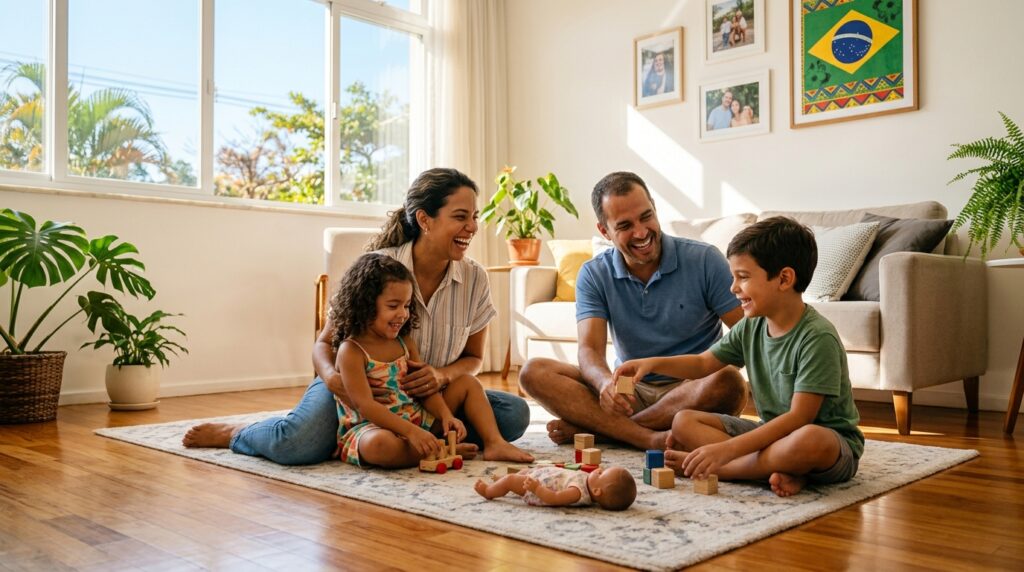 Uma família de quatro pessoas — pai, mãe, um menino e uma menina — sentada sobre um tapete claro no centro de uma sala de estar ensolarada. Eles estão sorrindo e brincando juntos com blocos de madeira e uma boneca. O ambiente é acolhedor, com piso de madeira, plantas decorativas e fotos de família na parede ao fundo. A luz do sol entra por uma grande janela à esquerda.