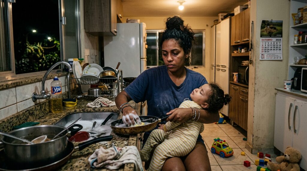 Uma mulher em uma cozinha simples à noite, com expressão de cansaço, lavando uma frigideira na pia enquanto segura um filho pequeno que dorme profundamente em seu colo. A pia está cheia de louça acumulada e há brinquedos espalhados pelo chão da cozinha. Ao fundo, um calendário na parede marca o mês de outubro de 2024. A cena retrata a sobrecarga da rotina doméstica.