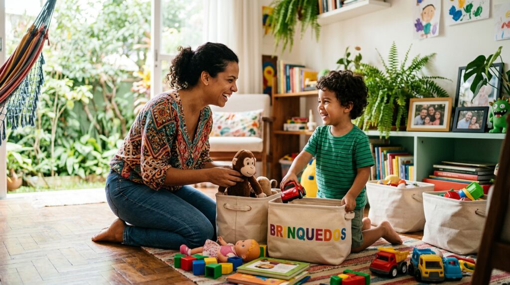 Uma mulher e um menino pequeno ajoelhados no chão de uma sala, sorrindo e interagindo enquanto guardam brinquedos em cestos de tecido. O cesto central tem a palavra "BRINQUEDOS" escrita em letras coloridas. Ao redor deles, há blocos de montar, carrinhos e bonecas. O ambiente é iluminado e organizado, com estantes repletas de livros e brinquedos ao fundo.