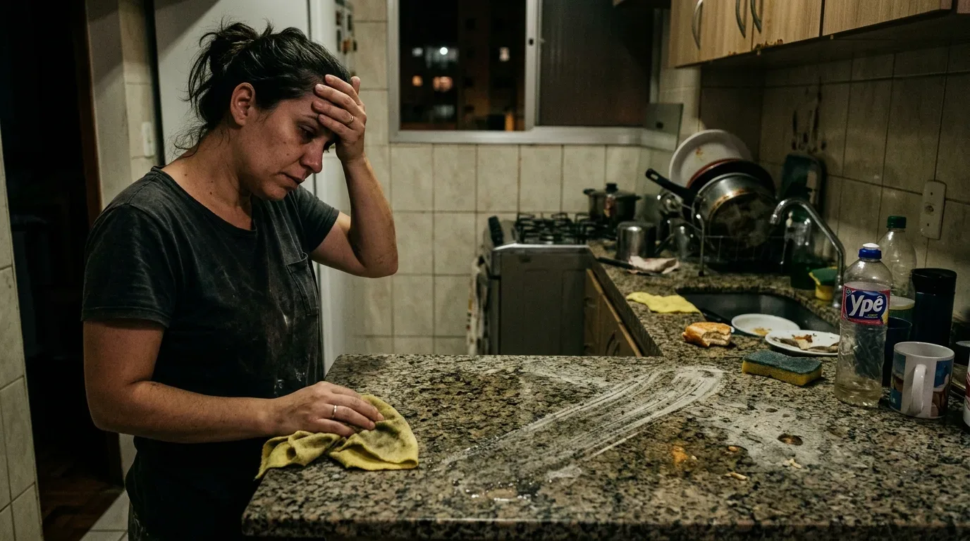 preço justo serviço de limpeza: Fotografia expressiva e realista de uma mulher em uma cozinha residencial simples e mal iluminada durante a noite. Ela aparenta profundo cansaço e estresse, vestindo uma camiseta cinza desgastada e segurando a própria testa com uma das mãos, com os olhos baixos. Com a outra mão, ela apoia um pano amarelo sobre uma bancada de granito escuro cheia de manchas e resíduos. Ao fundo, a pia da cozinha está superlotada com pilhas de louça suja ( panelas, pratos e talheres), ao lado de uma esponja e de uma garrafa de detergente da marca Ypê, ilustrando visualmente o esgotamento físico e a sobrecarga com o trabalho doméstico.