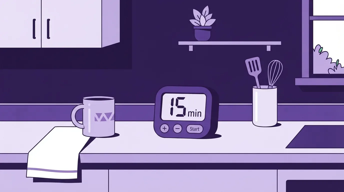 frequência de limpeza ideal: Ilustração vetorial minimalista em tons de roxo, lavanda e branco de um balcão de cozinha planejado. No centro da bancada, destaca-se um cronômetro digital roxo de cantos arredondados marcando o tempo de "15 min", com botões de ajuste de mais, menos e o botão "Start". À esquerda do timer, há uma caneca lilás estampada com um logotipo de triângulos geométricos, apoiada sobre um pano de prato branco com uma listra roxa que pende sobre a borda do balcão. À direita, um recipiente cilíndrico branco organiza utensílios de cozinha, revelando uma espátula e um batedor de claras (fouet). O fundo escuro exibe a silhueta de um armário, uma prateleira com um pequeno vaso de planta e uma janela à direita.