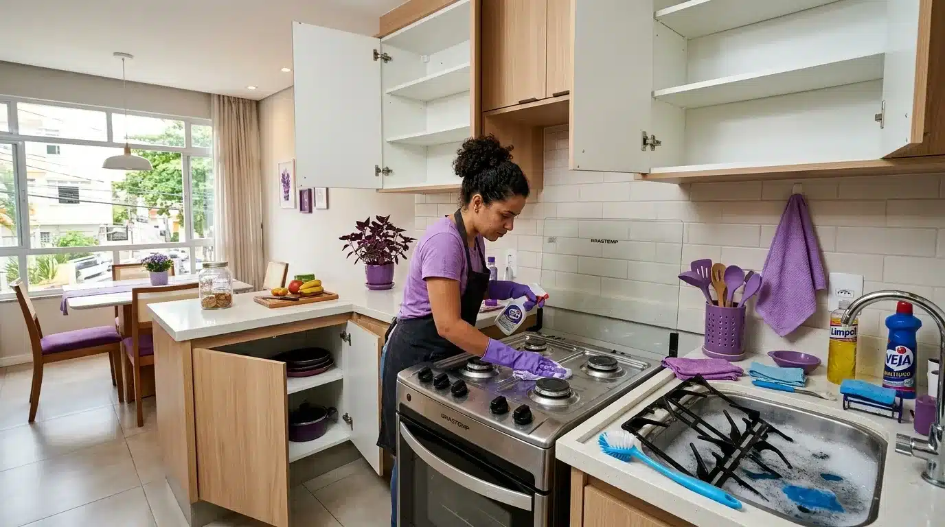 limpeza profunda em casa: Uma mulher vestindo um avental preto e luvas de borracha roxas limpa ativamente a superfície de aço inoxidável de um fogão embutido em uma cozinha moderna de conceito aberto. Ela segura um pano e um frasco de spray de limpeza. A cozinha apresenta bancadas de quartzo branco, armários de madeira clara abertos revelando prateleiras vazias e um backsplash de azulejos brancos. Na bancada, há uma planta roxa, utensílios de cozinha roxos e um pano pendurado. Na pia (à direita), a grade do fogão está de molho em água com espuma, ao lado de frascos de detergente Veja e Limpol. Ao fundo, uma mesa de jantar com cadeiras de estofado roxo e uma janela grande com cortinas claras.