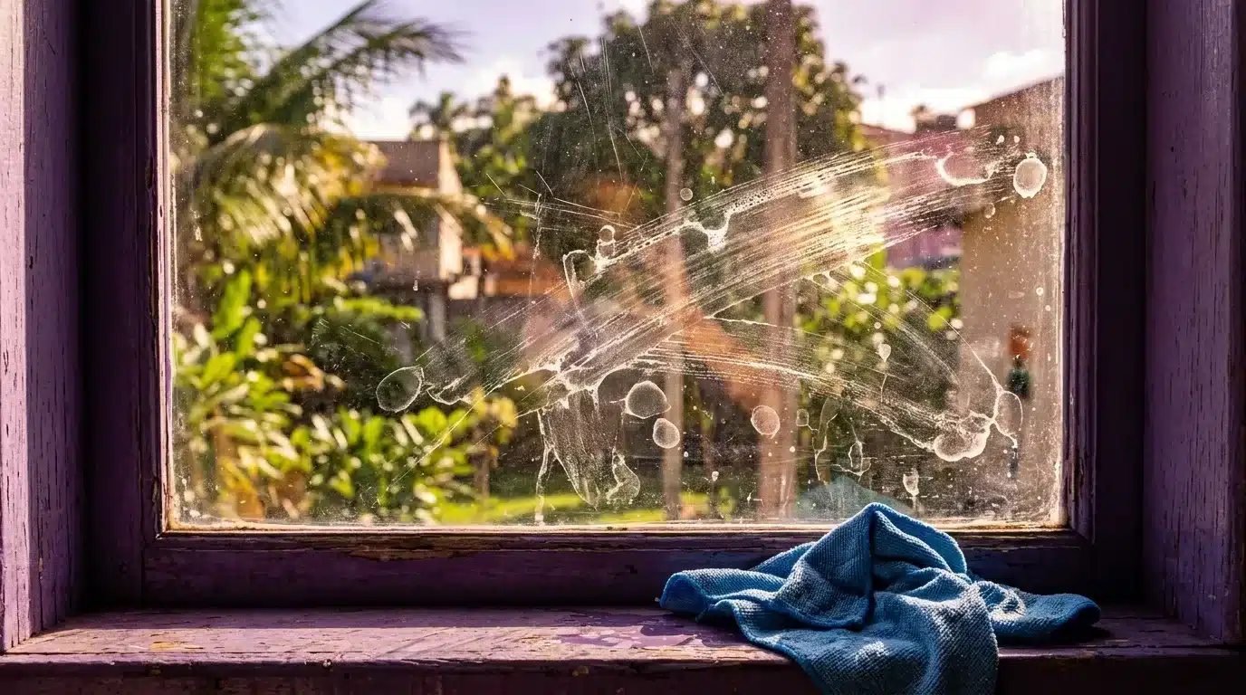 como limpar vidros perfeitamente: Uma janela de vidro muito embaçada e suja, exibindo marcas circulares e manchas esbranquiçadas de produto seco sob a luz do sol. Um pano de microfibra azul está amassado sobre o parapeito de madeira desgastada e pintada de roxo. Ao fundo, vegetação verde e árvores aparecem de forma distorcida através da sujeira do vidro.