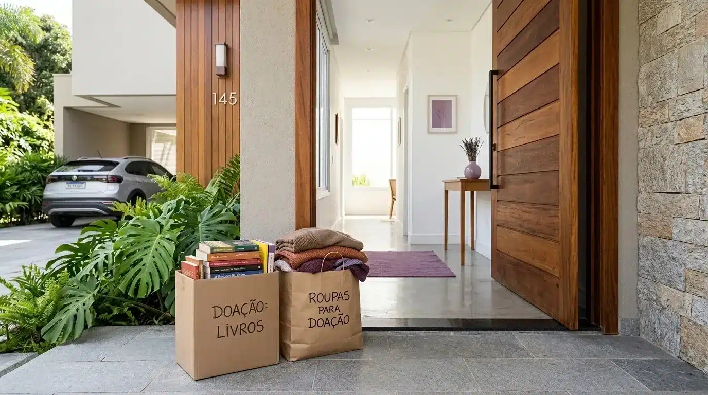 declutter em casa: Visão da entrada de uma casa moderna com uma grande porta de madeira pivotante aberta. No chão de pedra cinza da entrada, há uma caixa de papelão à esquerda cheia de livros com a inscrição manuscrita "DOAÇÃO: LIVROS" e, ao lado, uma sacola de papel pardo com agasalhos de frio dobrados onde se lê "ROUPAS PARA DOAÇÃO". Ao fundo, vê-se um corredor interno minimalista com um aparador de madeira, um vaso de lavanda e um tapete roxo. Na área externa esquerda, há folhagens de costela-de-adão e um carro prata estacionado diante de um painel de madeira com o número "145".