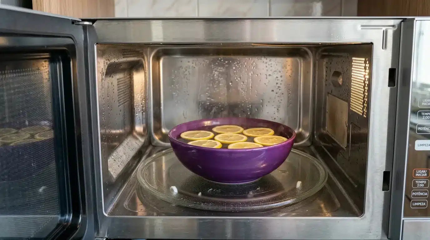 truques de limpeza doméstica: Visão interna de um forno de micro-ondas de aço inoxidável com a porta aberta. Centralizada sobre o prato giratório de vidro, está uma tigela de cerâmica roxa cheia de água com várias rodelas de limão siciliano flutuando na superfície. As paredes metálicas internas do aparelho estão repletas de gotículas de água condensada pelo vapor. À direita, o painel de controle exibe botões com comandos em português, incluindo "LIMPEZA" e "LIGAR/INICIAR".