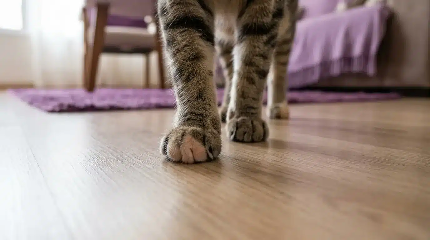 produtos de limpeza seguros para pets: Fotografia em ângulo baixo e close-up macro focando nas patinhas de um gato listrado caminhando sobre um piso laminado de madeira clara impecavelmente limpo. O foco principal destaca os detalhes dos pelos e das almofadinhas da pata dianteira do felino em primeiro plano. Ao fundo e de forma desfocada, avistam-se um tapete roxo, as pernas de uma cadeira de madeira e a base de um sofá.