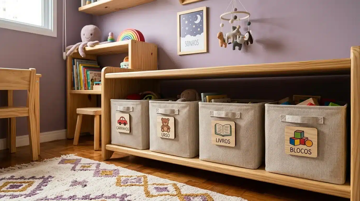 organização com filhos pequenos: Fotografia em plano médio focada em um móvel baixo de madeira de estilo montessoriano em um quarto infantil. O nicho inferior acomoda quatro caixas organizadoras de tecido bege, cada uma equipada com uma etiqueta em plaquinha de madeira contendo um desenho e texto descritivo em maiúsculas: "CARRINHOS" (com ilustração de carro vermelho), "URSO" (com ilustração de ursinho), "LIVROS" (com livro aberto) e "BLOCOS" (com blocos de montar). Ao fundo, a parede em tom lilás suave exibe um quadro com a palavra "SONHOS", um móbile de feltro pendurado e uma mesa de estudos com livros e brinquedos educativos.