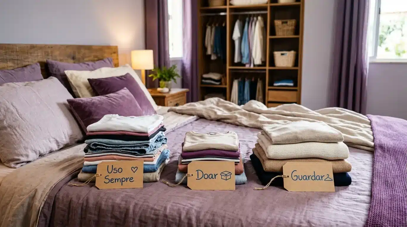 como organizar o armario: Três pilhas de roupas cuidadosamente dobradas estão dispostas lado a lado sobre uma cama com colcha lilás. À frente de cada pilha, há uma etiqueta de papel pardo presa por um barbante com inscrições manuais em azul: a pilha da esquerda (camisetas coloridas) tem a etiqueta "Uso Sempre" acompanhada de um desenho de coração; a pilha do meio (malhas em tons de azul e roxo) tem a etiqueta "Doar" com o desenho de uma caixa; a pilha da direita (suéteres de tricô em tons neutros) exibe a etiqueta "Guardar" com o desenho de um cabide. Ao fundo desfocado, vê-se um guarda-roupa de madeira com divisórias.