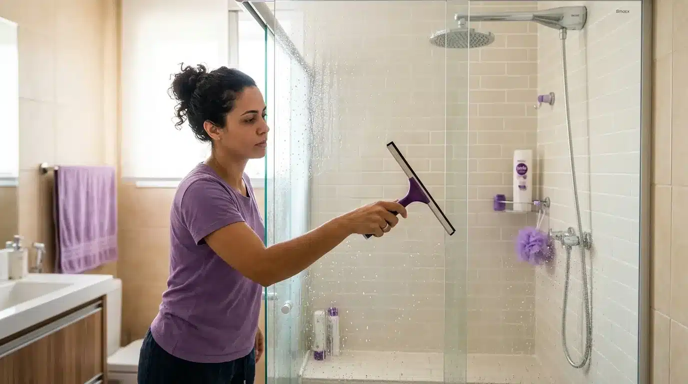 limpeza de banheiro: Uma mulher com pele parda e cabelo cacheado preso, usando uma camiseta roxa, passa um rodinho roxo e cinza no vidro molhado do box de um chuveiro de banheiro. O interior do chuveiro tem azulejos beges e um chuveiro cromado. Ela está concentrada na limpeza.