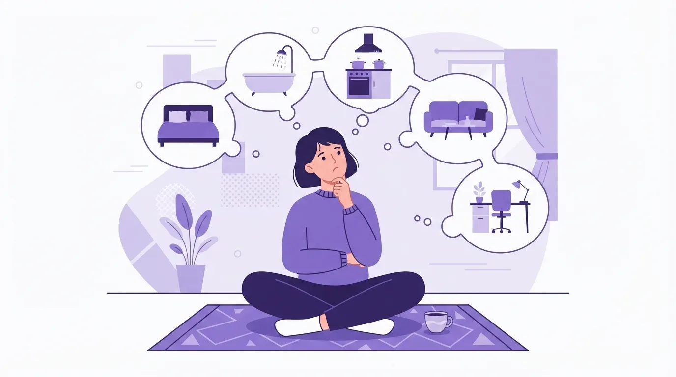 limpeza: Ilustração digital em estilo vetor plano com uma paleta de cores monocromática em tons de roxo e lavanda. No centro, uma mulher de cabelos curtos escuros está sentada de pernas cruzadas sobre um tapete geométrico, apoiando o queixo na mão com uma expressão pensativa. Acima de sua cabeça, flutua uma sequência de balões de pensamento circulares interligados em um arco. Cada círculo exibe o ícone estilizado de uma área da casa que precisa de atenção: um quarto com cama, um banheiro com banheira e chuveiro, uma cozinha com fogão e coifa, uma sala com sofá e mesa de centro, e um escritório com escrivaninha, cadeira e luminária. Ao lado dela no tapete, há uma xícara de café.