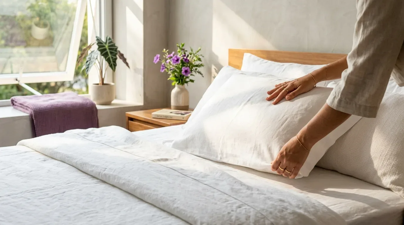 casa realmente limpa: Detalhe focada nas mãos de uma pessoa, que usam anéis de ouro, ajustando delicadamente um travesseiro com uma fronha de linho branco em uma cama bem arrumada. A cama está coberta por um edredom de linho branco texturizado. Ao fundo, luz solar natural e suave entra por uma janela aberta, revelando uma planta em vaso (Alocasia) no parapeito de cimento. Sobre uma mesa de cabeceira de madeira rústica ao lado da cama, veem-se um vaso de cerâmica com flores roxas e um livro.