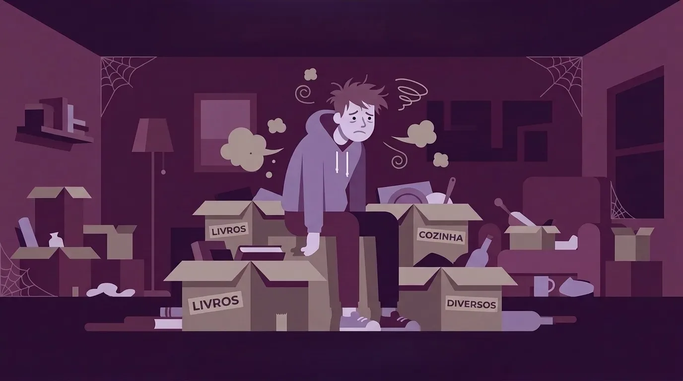 limpeza antes de mudar: Ilustração digital em estilo vetor com uma paleta de cores monocromática em tons de roxo escuro e lilás, retratando o cansaço de uma mudança residencial. No centro de um cômodo escuro e desorganizado, um jovem de moletom e cabelos desalinhados está sentado sobre caixas de papelão com uma expressão facial triste, abatida e exausta. Linhas espirais e pequenas nuvens flutuam ao redor de sua cabeça para simbolizar estresse e confusão mental. Ao seu redor, há várias caixas empilhadas com as etiquetas "LIVROS", "COZINHA" e "DIVERSOS". Garrafas vazias estão caídas no chão e teias de aranha decoram os cantos superiores do teto.