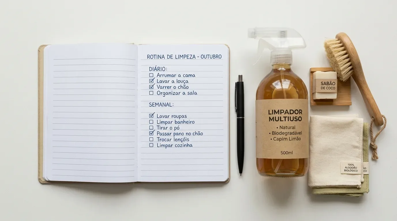 checklist de limpeza por cômodo: Fotografia em estilo flat lay (vista superior) de um planejamento de tarefas domésticas sobre um fundo branco minimalista. À esquerda, um caderno aberto exibe uma lista manuscrita em português intitulada "ROTINA DE LIMPEZA - OUTUBRO", dividida em tópicos de tarefas diárias e semanais (como arrumar a cama, varrer o chão e lavar roupas) com caixas de seleção preenchidas com vistos. À direita, estão alinhados de forma organizada uma caneta preta, um borrifador de vidro âmbar com o rótulo "LIMPADOR MULTIUSO • Natural • Biodegradável • Capim Limão", uma escova de limpeza com cabo de madeira, uma barra de "SABÃO DE COCO" em um suporte e panos de algodão biológico dobrados.