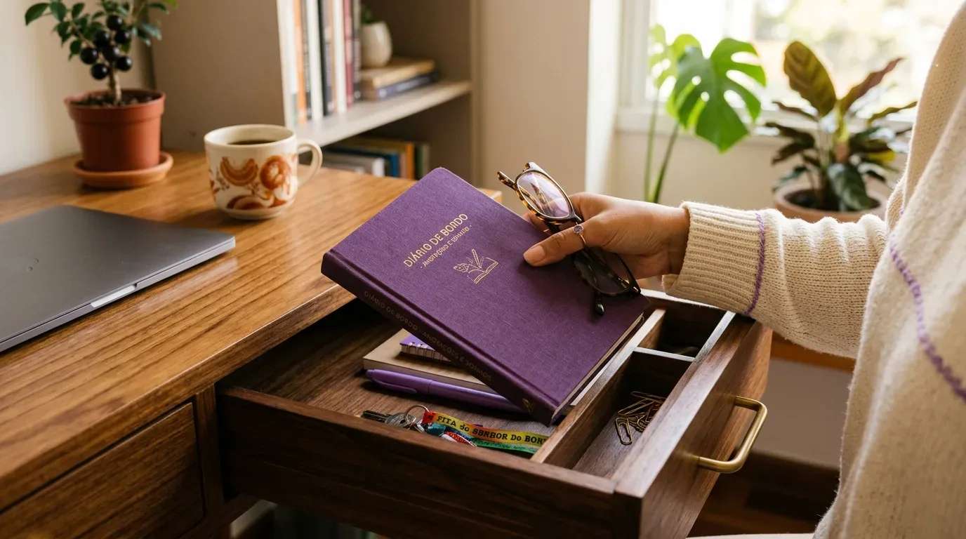 preparar casa para diarista: Fotografia em plano detalhado mostrando a mão de uma pessoa, que veste um suéter de tricô claro com linhas roxas, segurando um óculos de tartaruga e um livro de capa dura roxa com a inscrição dourada "DIÁRIO DE BORDO - ANOTAÇÕES E SONHOS" sobre uma gaveta de mesa de madeira aberta. Dentro da gaveta organizada, veem-se uma caneta roxa, um bloco de notas, clipes de papel e chaves com uma fita colorida do Senhor do Bonfim. Sobre a mesa de trabalho, encontram-se um notebook, uma caneca de café decorada e um pequeno vaso de planta, com uma janela iluminada ao fundo.