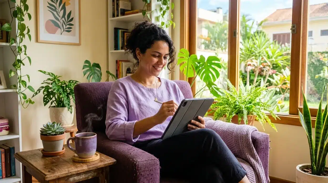 planejamento doméstico semanal: Uma mulher sorridente com cabelo cacheado preso senta-se confortavelmente em uma poltrona roxa texturizada, escrevendo com uma caneta digital em um tablet. Ela veste uma blusa lavanda. A cena se passa em uma sala de estar aconchegante e cheia de plantas perto de uma grande janela de madeira aberta que dá para um jardim ensolarado e outras casas. Uma caneca de cerâmica fumegante e uma pequena suculenta estão em uma mesinha lateral de madeira à esquerda dela. Uma manta de tricô lavanda está sobre a poltrona.