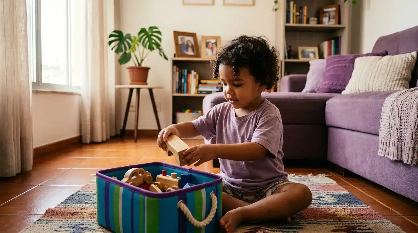 manutenção diária da casa: Fotografia em ângulo baixo de um garotinho de cabelos cacheados e camiseta lilás sentado sobre um tapete estampado no chão da sala de estar. Ele sorri enquanto organiza seus brinquedos de madeira dentro de uma caixa organizadora de tecido listrada em tons de roxo, azul e verde. Ao fundo, o ambiente aconchegante exibe um sofá roxo com almofadas claras, uma estante de madeira com livros e porta-retratos de família, e uma janela iluminada por luz natural.