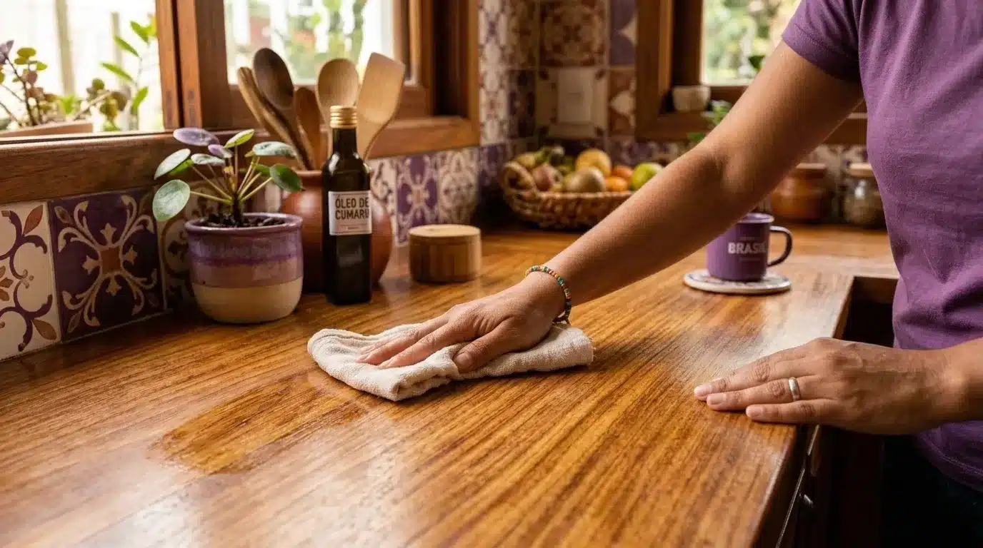 como limpar superfícies da cozinha: Close-up focado nas mãos de uma pessoa realizando a hidratação de uma bancada de madeira maciça de tom quente. A mão esquerda segura um pano claro e macio, espalhando o produto em movimentos suaves sobre a madeira polida. Próximo ao local da limpeza, sobressai-se uma garrafa de vidro com rótulo escrito "ÓLEO DE CUMARU", acompanhada por colheres de pau em um vaso, uma pequena planta e uma caneca roxa. A parede ao fundo traz azulejos decorativos estampados em estilo rústico.