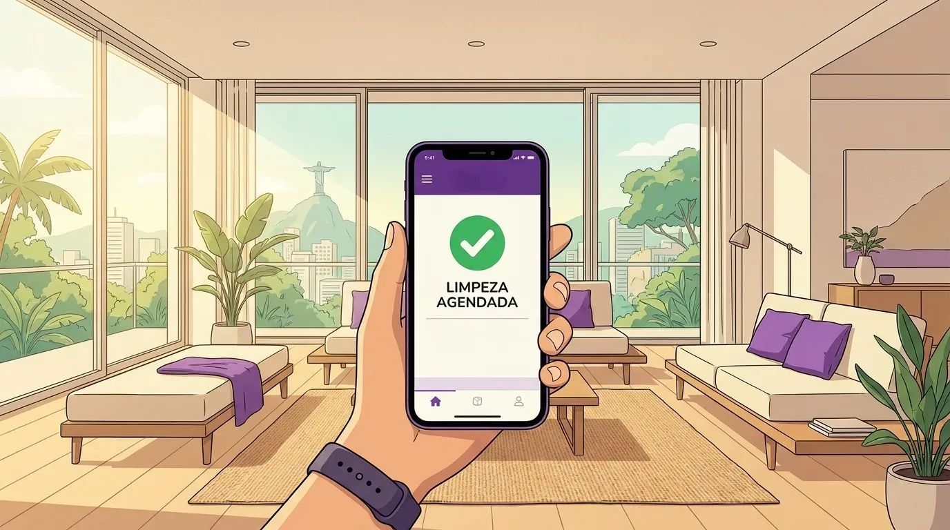 limpeza por demanda: Ilustração em estilo vetor com traços de desenho animado mostrando a perspectiva em primeira pessoa de uma mão segurando um smartphone. O pulso exibe um relógio digital com pulseira roxa. Na tela do celular, destaca-se um grande círculo verde com um símbolo de visto branco e o texto em letras maiúsculas "LIMPEZA AGENDADA". O cenário de fundo é uma sala de estar luxuosa, clean e muito ensolarada, com sofás e espreguiçadeiras decorados com mantas e almofadas roxas. Grandes portas de vidro corrediças revelam uma varanda e, ao longe na paisagem montanhosa, destaca-se a silhueta do Cristo Redentor no Rio de Janeiro sob o céu claro.