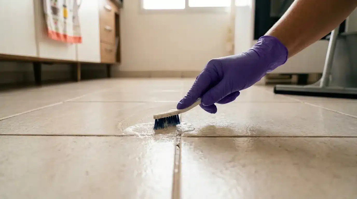 como limpar piso: Fotografia em close-up e ângulo baixo focando na limpeza detalhada do rejunte de um piso cerâmico bege. Uma mão protegida por uma luva de borracha roxa segura uma pequena escova com cabo branco e cerdas azuis, esfregando a junção entre as placas de piso. Uma espuma branca e densa se acumula ao redor da escova sobre a linha do rejunte. O plano de fundo mostra a base dos armários de cozinha suavemente desfocada.