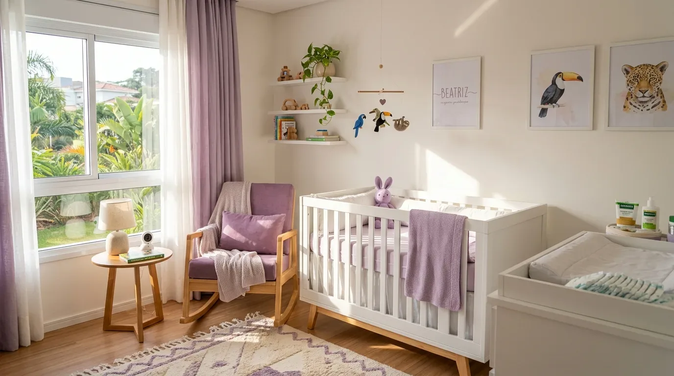 preço justo serviço de limpeza: Um quarto de bebê decorado de forma minimalista e aconchegante, com paleta de cores baseada em branco, madeira clara e tons de lilás. No centro, há um berço de madeira branca com grades, enxoval lilás e um coelho de pelúcia roxo em seu interior. À esquerda, uma cadeira de balanço de madeira com estofado lilás e uma manta clara jogada no braço. Na parede de fundo, estão pendurados três quadros com moldura branca: o primeiro traz o nome "BEATRIZ" em caligrafia delicada, o segundo mostra a pintura de um tucano e o terceiro, uma onça-pintada. O quarto é iluminado por uma grande janela com cortinas suaves e possui detalhes como prateleiras com brinquedos e um trocador à direita.