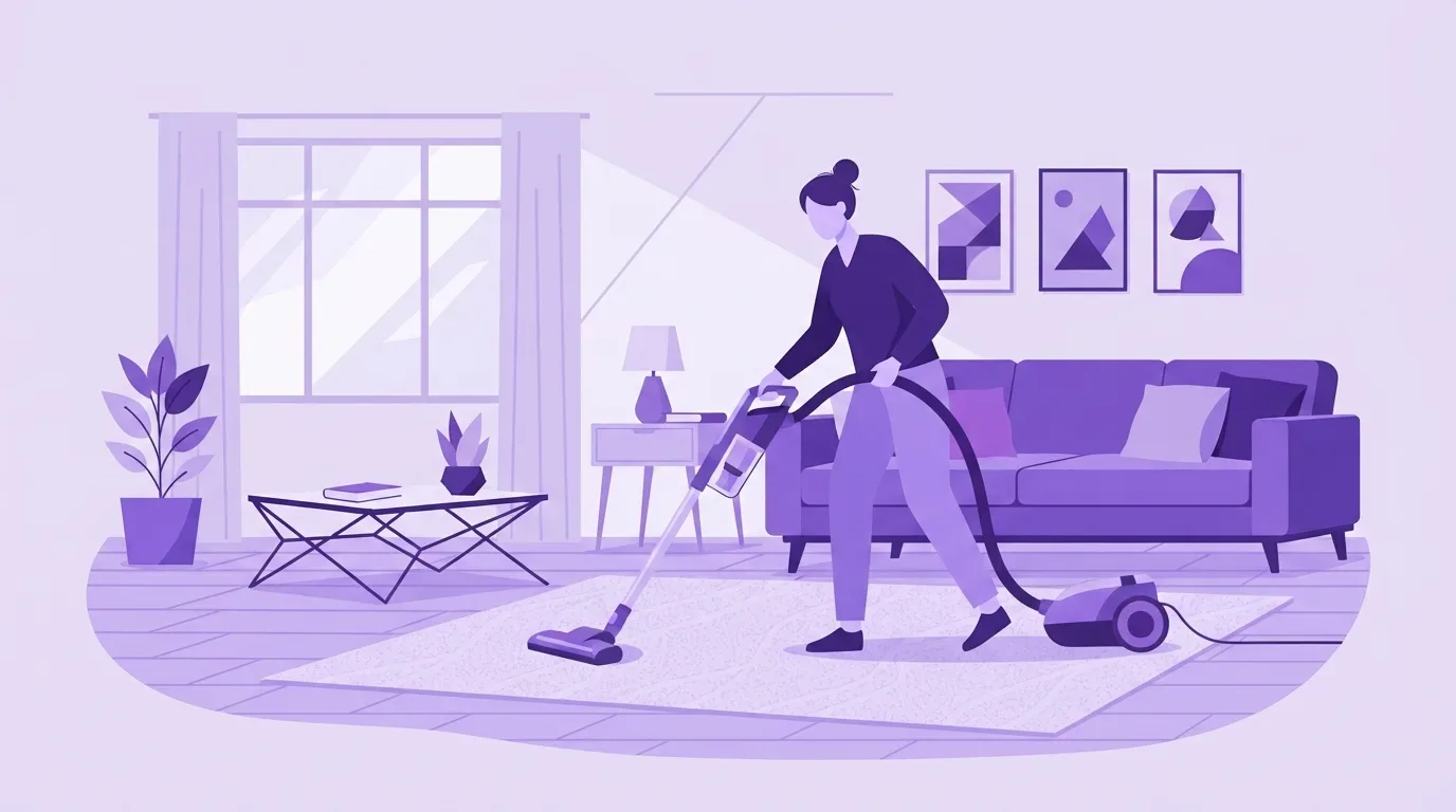frequência de limpeza ideal: Ilustração vetorial em tons monocromáticos de roxo e lavanda mostrando uma mulher com o cabelo preso em um coque limpando a sala de estar. Ela está inclinada para a frente, segurando firmemente a mangueira de um aspirador de pó de carrinho e passando o bocal sobre um grande tapete texturizado no centro do cômodo. Ao fundo, o ambiente exibe um sofá aconchegante com almofadas, três quadros verticais com arte geométrica abstrata na parede e uma mesa lateral com abajur aceso. À esquerda, uma mesa de centro de design geométrico apoia um livro e um vaso, próxima a uma grande janela com cortinas que deixa entrar feixes de luz lineares.