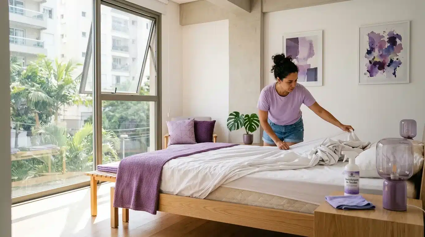 limpeza profunda em casa: Uma mulher de cabelo cacheado preso, vestindo camiseta roxa e shorts jeans, arruma ativamente lençóis brancos em uma cama de casal de madeira clara. O quarto é moderno e bem iluminado por uma grande janela do chão ao teto com vista para árvores e prédios urbanos. A cama possui travesseiros e uma manta aos pés em tons de roxo texturizado. Ao lado da cama, um criado-mudo de madeira segura uma luminária de mesa roxa de vidro e um frasco de spray com rótulo. Dois quadros abstratos roxos adornam a parede branca. Uma planta de Monstera em um vaso roxo está visível ao fundo.