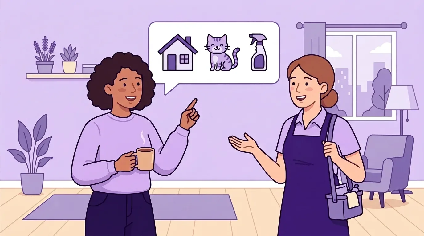 profissional de limpeza: Ilustração em estilo vetor plano (flat design) com uma paleta de cores baseada em tons de roxo e lavanda. À esquerda, uma mulher negra com cabelos cacheados escuros, usando blusa lavanda e calça escura, segura uma caneca bege fumegante e aponta para cima. Dela sai um balão de fala branco que exibe três ícones pretos e roxos: uma casa, um gato listrado sorridente e um frasco de spray, indicando suas instruções. À direita, uma profissional de limpeza branca com cabelos presos em um coque, vestindo polo lilás e avental roxo escuro, escuta atentamente com um gesto receptivo. Ela carrega uma bolsa organizadora roxa no ombro com produtos de limpeza. O cenário de fundo é uma sala de estar acolhedora com plantas, sofá e uma janela.