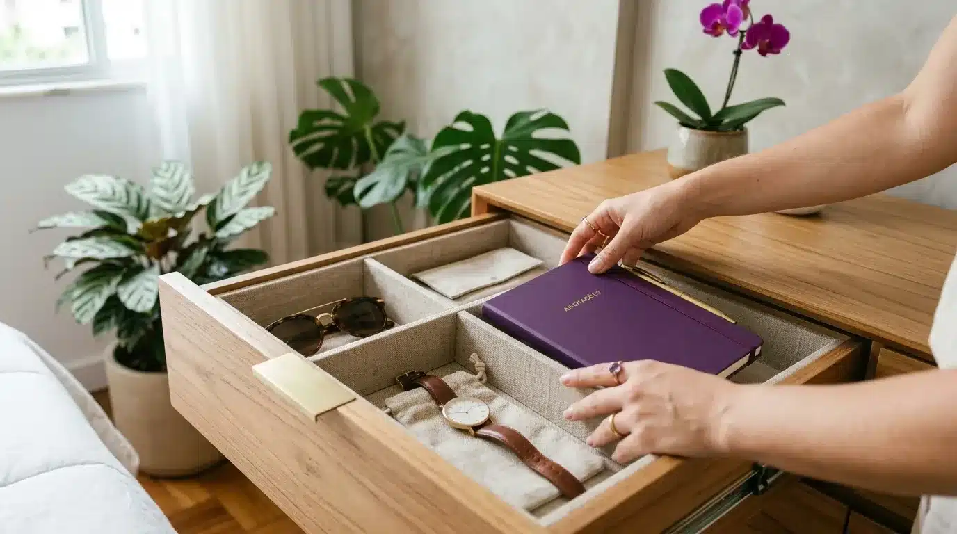 declutter em casa: Close-up das mãos de uma pessoa organizando a gaveta aberta de uma cômoda de madeira clara. A gaveta possui um organizador interno de tecido bege dividido em compartimentos, onde estão guardados um óculos de sol de acetato tartaruga, um relógio de pulso com pulseira de couro marrom sobre um pequeno saquinho de pano, e uma caderneta roxa com a inscrição dourada "ANOTAÇÕES", que está sendo delicadamente posicionada pelas mãos da pessoa. Ao fundo desfocado, avistam-se plantas decorativas em vasos, incluindo uma costela-de-adão e um vaso de orquídea roxa sobre o móvel.