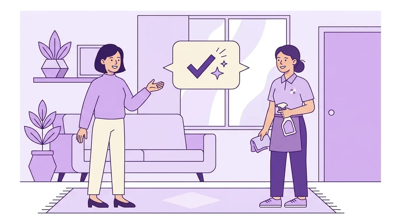 feedback para diarista: Ilustração em estilo vetor plano (flat design) com uma paleta de cores minimalista baseada em tons de roxo, lavanda e linhas roxas escuras. À esquerda, uma mulher de cabelos curtos, blusa lavanda e calça clara aponta com a mão em um gesto de aprovação. À direita, uma profissional de limpeza sorridente usa uniforme lilás com o logotipo de uma pequena casa, avental e calças escuras; ela segura um pano multiuso e um frasco de spray de limpeza. No centro, entre as duas figuras, flutua um balão de fala amarelo claro que contém um grande símbolo de checado ou visto ($checkmark$) roxo acompanhado de pequenas estrelas brilhantes, simbolizando a aprovação e a qualidade do serviço doméstico realizado no cômodo.