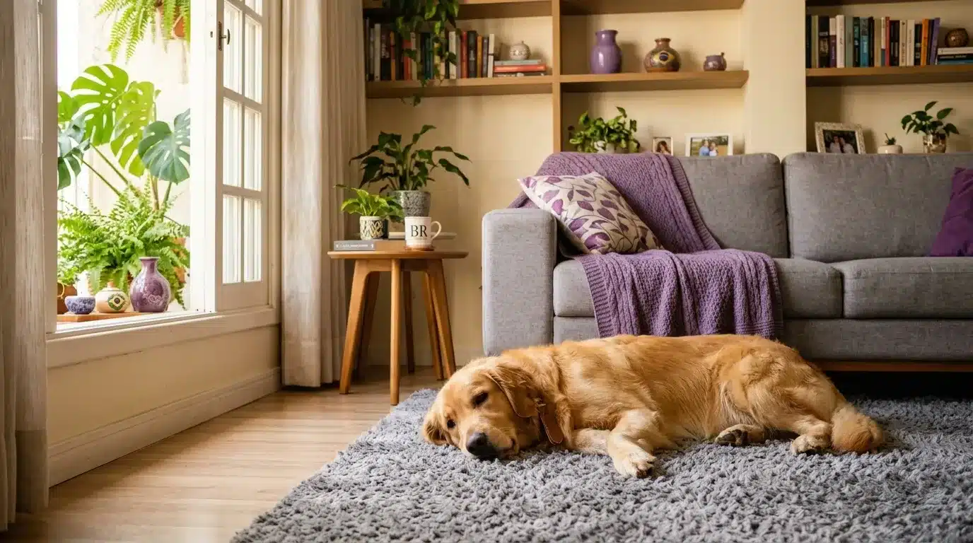 truques de limpeza doméstica: Um cão da raça Golden Retriever de pelagem dourada está deitado de forma relaxada sobre um tapete de pelos altos cinza no chão de uma sala de estar. Ao fundo, um sofá cinza está decorado com uma manta de tricô roxa e uma almofada com estampa de folhas roxas. À esquerda, uma porta de vidro aberta dá acesso a uma varanda ensolarada e repleta de plantas verdes exuberantes, como samambaias e costela-de-adão. Na parede de fundo, nichos de madeira exibem livros, fotos e vasos decorativos.