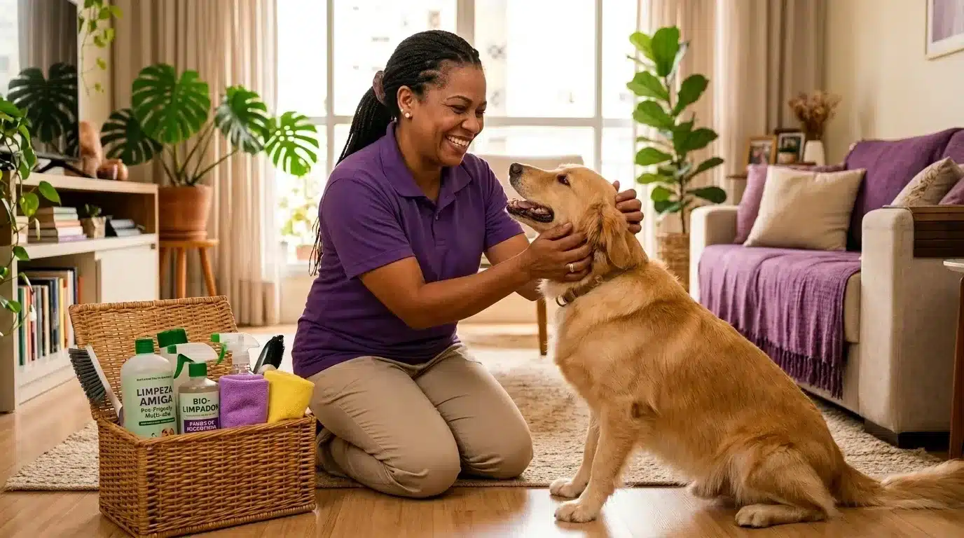 produtos de limpeza seguros para pets: Plano médio mostrando uma mulher negra com cabelos trançados, usando camisa polo roxa e calça bege, ajoelhada sobre um tapete claro. Ela sorri carinhosamente enquanto acaricia um Golden Retriever sentado à sua frente. Ao seu lado esquerdo, há um cesto de palha trançada recheado de produtos de limpeza seguros para animais, exibindo rótulos como "LIMPEZA AMIGA" e "BIO-LIMPADOR", além de escovas e flanelas roxas e amarelas. A sala de estar ao fundo é decorada com plantas como costela-de-adão e um sofá roxo.