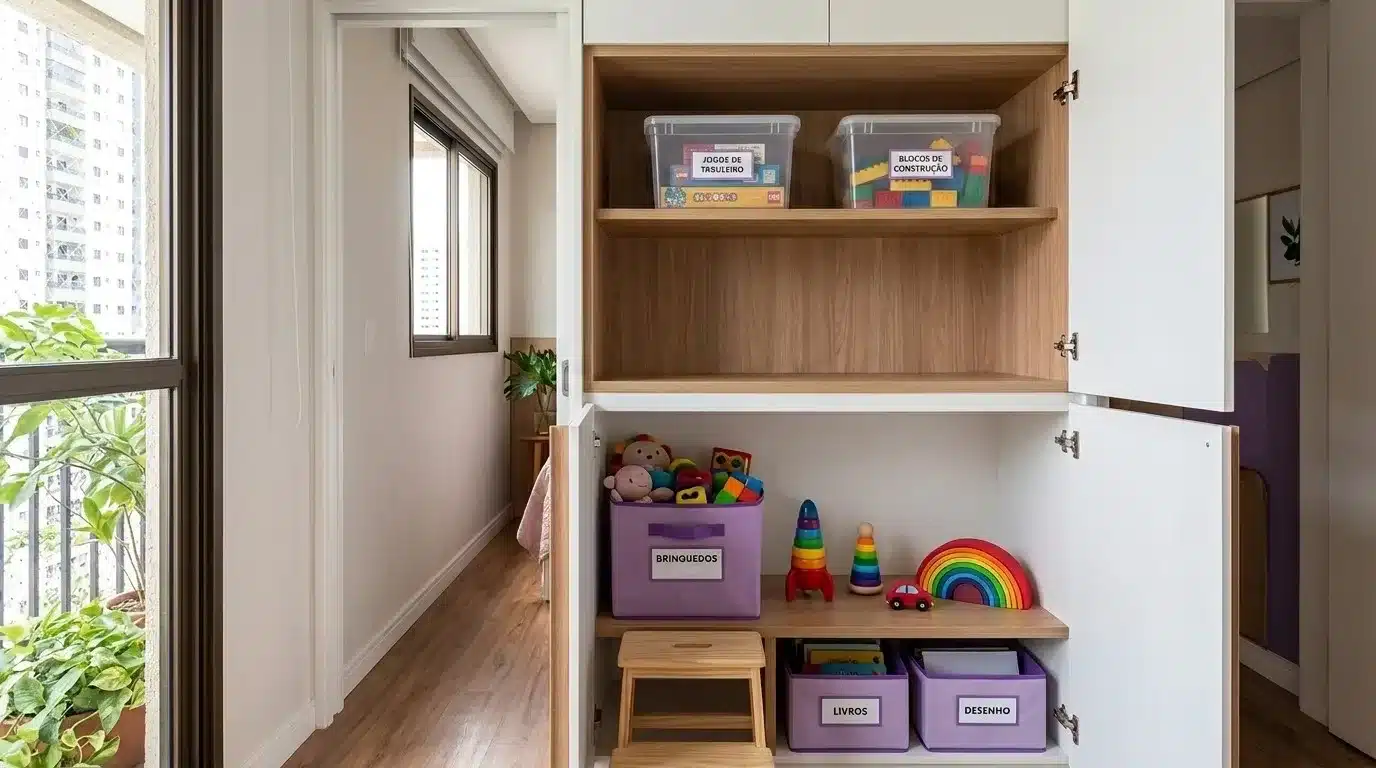 organização com filhos pequenos: Fotografia em plano aberto de um armário planejado branco com portas abertas, exibindo um sistema de organização infantil em prateleiras de madeira. Na prateleira superior, há caixas plásticas transparentes com etiquetas impressas contendo os textos "JOGOS DE TABULEIRO" e "BLOCOS DE CONSTRUÇÃO". Nas prateleiras inferiores, encontram-se caixas organizadoras em tecido roxo identificadas com as etiquetas "BRINQUEDOS", "LIVROS" e "DESENHO", dispostas ao lado de brinquedos decorativos como um arco-íris de madeira, um foguete, uma torre de argolas e um pequeno banco de madeira na base.