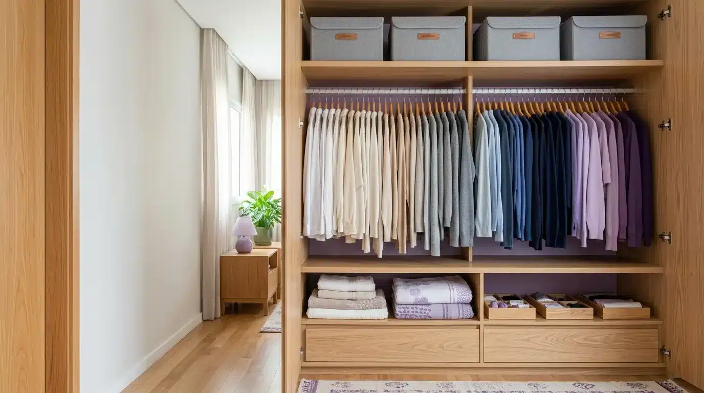 como organizar o armario: Visão frontal de um guarda-roupa de madeira clara impecavelmente organizado. Na prateleira superior, há quatro caixas organizadoras cinzas idênticas com etiquetas de couro. Abaixo, no cabideiro, dezenas de camisas e blusas estão dispostas em um degradê de cores perfeito, indo do branco, bege e cinza, passando pelo azul-claro, azul-escuro, lilás até o roxo, todas penduradas em cabides de madeira iguais. Nas prateleiras inferiores, há pilhas de toalhas de banho dobradas em tons de branco e lilás, além de pequenas caixas organizadoras de madeira para acessórios. À esquerda, avista-se um corredor com piso de madeira e uma mesa de cabeceira com uma planta e uma luminária lilás.