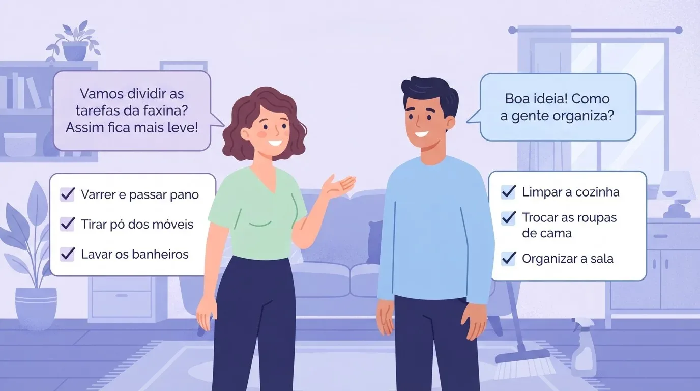 limpeza: Ilustração em estilo vetor plano de um casal dividindo as tarefas domésticas de forma colaborativa em uma sala de estar em tons de lavanda. À esquerda, uma mulher de cabelos ondulados castanhos, vestindo blusa verde-clara e calça escura, aponta sorridente para um quadro de tarefas com três itens checados: "Varrer e passar pano", "Tirar pó dos móveis" e "Lavar os banheiros". Acima dela, um balão de fala diz: "Vamos dividir as tarefas da faxina? Assim fica mais leve!". À direita, um homem de blusa azul-clara e calça escura sorri em direção a outra lista com os itens: "Limpar a cozinha", "Trocar as roupas de cama" e "Organizar a sala". Seu balão de fala diz: "Boa ideia! Como a gente organiza?". Ao fundo, vê-se um sofá roxo e uma vassoura com frasco de spray no chão.