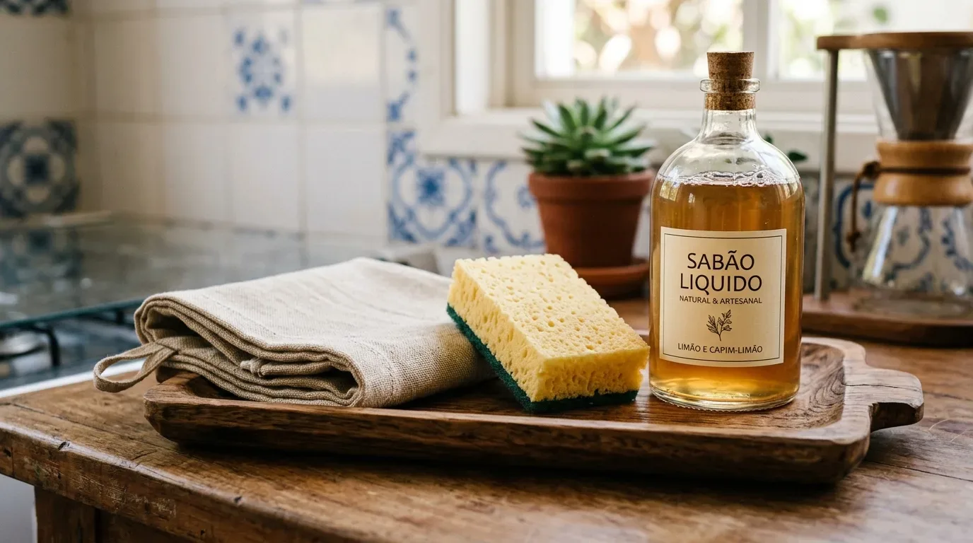 casa realmente limpa: Uma composição de produtos de limpeza naturais organizados em uma bandeja de madeira rústica sobre uma bancada de cozinha de madeira. O elemento central é uma garrafa de vidro transparente com tampa de cortiça, cheia de um líquido âmbar e com o rótulo: "SABÃO LÍQUIDO NATURAL & ARTESANAL LIMÃO E CAPIM-LIMÃO". Ao lado da garrafa, estão uma esponja de lavar louça de celulose (amarela com um lado de fibra verde) e um pano de linho dobrado. O fundo é composto por azulejos de cerâmica portugueses (azuis e brancos) na parede e um vaso de suculenta em primeiro plano.
