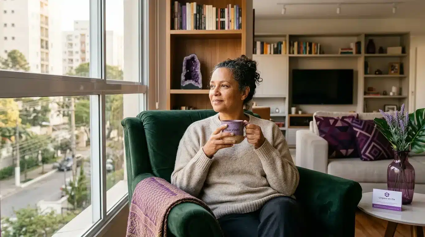 encontrar diarista em cidade nova: Uma mulher de meia-idade com cabelos cacheados presos sorri pacificamente enquanto olha pela janela de seu apartamento, segurando uma caneca de cerâmica com as duas mãos. Ela está sentada confortavelmente em uma poltrona de veludo verde-escuro, vestindo um suéter de tricô bege aconchegante. Ao seu lado, há uma estante de madeira com livros e uma pedra de ametista roxa. Em uma mesinha de centro em primeiro plano, destaca-se um vaso de vidro roxo com lavandas e um pequeno cartão com o texto "Limpeza em Dia". O fundo mostra uma sala de estar moderna e organizada com um sofá cinza e almofadas roxas.