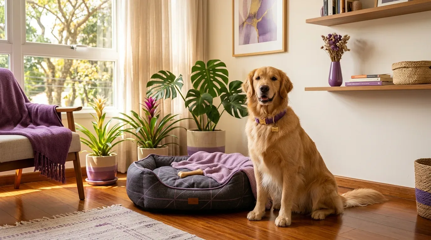 preparar casa para diarista: Um cão da raça Golden Retriever sentado no chão de madeira de uma sala de estar que segue uma paleta de decoração em tons de roxo e lilás. O cachorro usa uma coleira roxa e posa ao lado de sua cama pet cinza-escura, que contém uma manta lilás e um osso de brinquedo em seu interior. O ambiente sofisticado inclui uma poltrona com uma manta roxa à esquerda, vasos de plantas ornamentais (como bromélias e Costela-de-Adão) ao fundo, e prateleiras suspensas na parede com livros e um vaso lilás de flores secas.