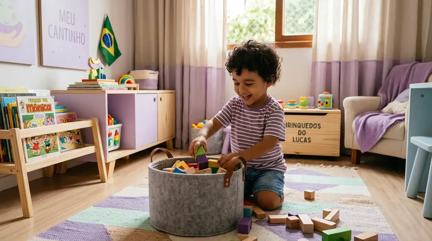 planejamento doméstico semanal: Um menino pequeno e rindo com cabelo cacheado, vestindo uma camiseta listrada roxa e branca e shorts jeans, ajoelha-se no chão de madeira de um quarto de brinquedos infantil brilhante e organizado. Ele coloca um bloco de construção de madeira colorido em um cesto de feltro cinza circular. Há blocos de construção de madeira espalhados no chão e dentro do cesto. O quarto tem móveis de madeira e lavanda, incluindo estantes com livros infantis (como "Turma da Mônica"), um armário e um baú de brinquedos com "BRINQUEDOS DO LUCAS" escrito. Uma poltrona bege com uma manta lavanda está à direita. O chão tem um tapete geométrico lavanda e bege.
