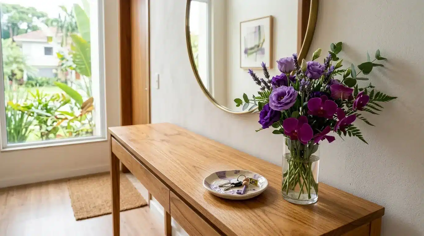 manutenção diária da casa: Fotografia em plano médio focando na organização de um hall de entrada iluminado pela luz natural. Sobre um aparador de madeira clara, destaca-se um vaso de vidro transparente com um ramalhete de flores em tons de roxo e lavanda acompanhadas de folhagens verdes. Ao lado do vaso, repousa um pequeno prato cerâmico artesanal contendo um molho de chaves. Na parede branca acima, um espelho redondo com moldura dourada reflete a decoração do ambiente, enquanto uma janela de vidro ao fundo revela a vegetação de um jardim externo.
