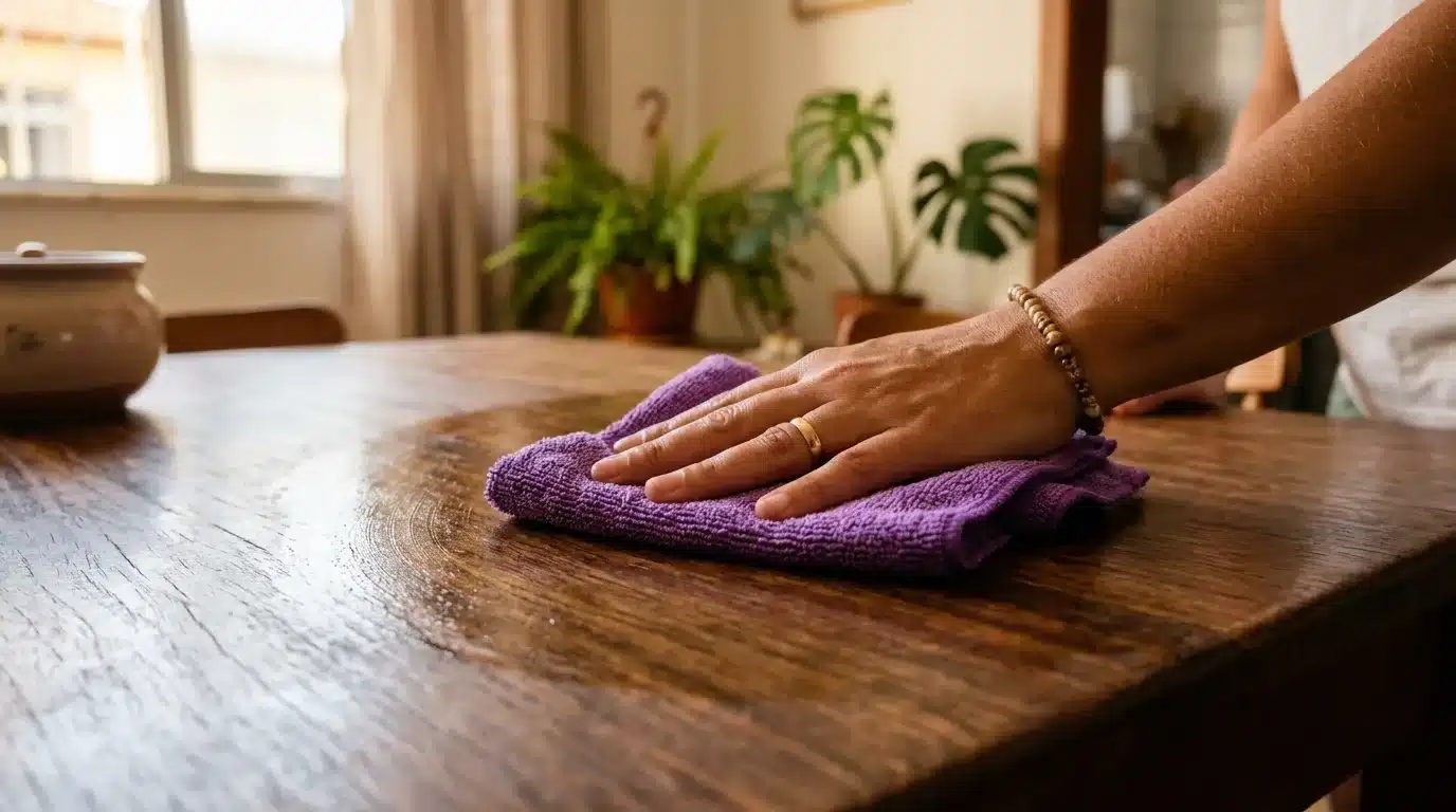 limpeza segura para crianças: Close-up em ângulo baixo focado na mão de uma pessoa com aliança dourada e pulseira de contas, passando um pano de microfibra roxo dobrado sobre uma mesa de madeira maciça de tom quente. O pano deixa uma marca levemente úmida e limpa que destaca os veios da madeira polida. Ao fundo e suavemente desfocado, observa-se o ambiente da casa enriquecido por vasos com folhagens verdes, como samambaias e costelas-de-adão.