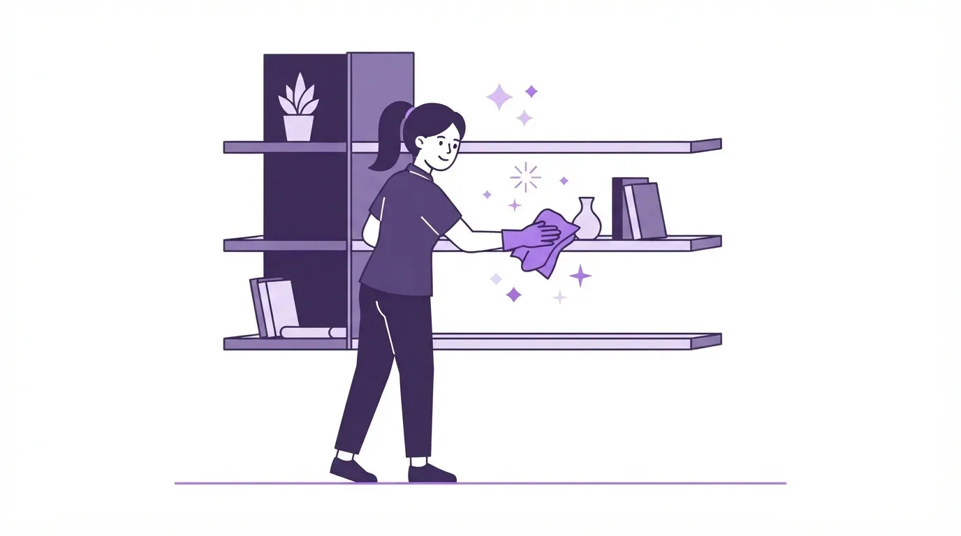 limpeza por demanda: Ilustração em estilo vetor plano com contornos roxos escuros e preenchimentos em tons de lavanda sobre um fundo branco. Uma jovem de cabelo preso em rabo de cavalo, vestindo camiseta e calça escuras, está de pé limpando uma estante de livros aberta e moderna. Ela usa uma luva e passa um pano em uma das prateleiras centrais. Ao redor do pano, pequenos brilhos e estrelas pontiagudas flutuam para indicar que a superfície está ficando limpa e reluzente. Na estante, veem-se alguns livros espalhados e um pequeno vaso de planta decorativo na prateleira superior esquerda.