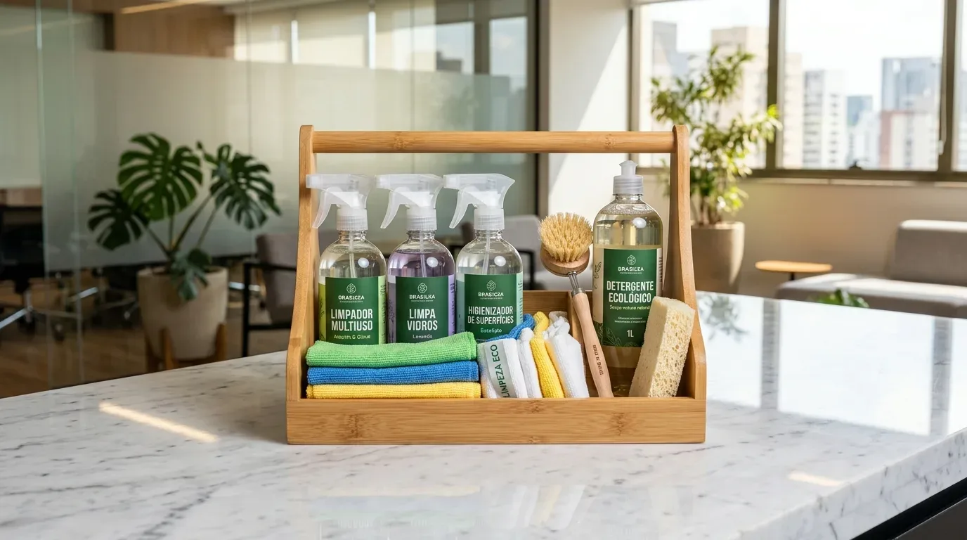preço justo serviço de limpeza: Uma cesta organizadora de bambu sobre uma bancada de mármore branco, repleta de produtos de limpeza ecológicos. Em seu interior, destacam-se três frascos borrifadores com os rótulos "LIMPADOR MULTIUSO", "LIMPA VIDROS" (com líquido roxo) e "HIGIENIZADOR DE SUPERFÍCIES", acompanhados logo à frente por panos de microfibra coloridos e panos brancos com a etiqueta "LIMPEZA ECO". No lado direito da cesta, há uma escova com cabo de madeira, um frasco de um litro de "DETERGENTE ECOLÓGICO" e uma esponja biodegradável. O fundo da imagem mostra um ambiente moderno e bem iluminado com grandes janelas, sutilmente desfocado, revelando uma vista urbana e plantas ornamentais.