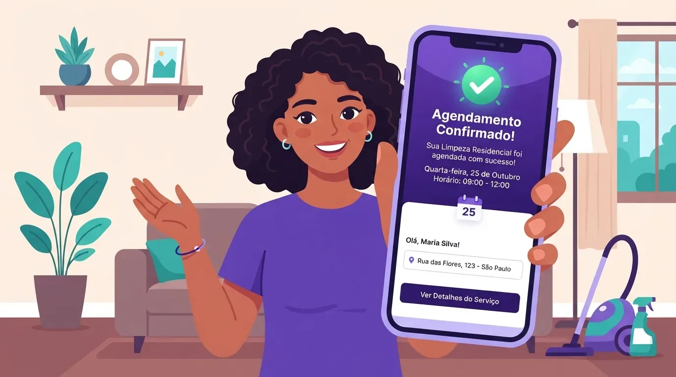 frequência de limpeza ideal: Ilustração digital colorida de uma mulher negra sorridente com cabelos cacheados curtos e volumosos, usando brincos de argola azuis e uma camiseta roxa. Ela está em primeiro plano, segurando e mostrando a tela de um smartphone diretamente para o observador. A tela exibe um aplicativo com um grande ícone verde de visto e o texto proeminente: "Agendamento Confirmado! Sua Limpeza Residencial foi agendada com sucesso! Quarta-feira, 25 de Outubro. Horário: 09:00 - 12:00". Logo abaixo, há uma saudação escrita "Olá, Maria Silva!", o campo de endereço "Rua das Flores, 123 - São Paulo" e um botão roxo escuro onde se lê "Ver Detalhes do Serviço". Ao fundo, vê-se o cenário de uma sala de estar com sofá, prateleira e um aspirador de pó de brinquedo roxo com um frasco de spray no chão.