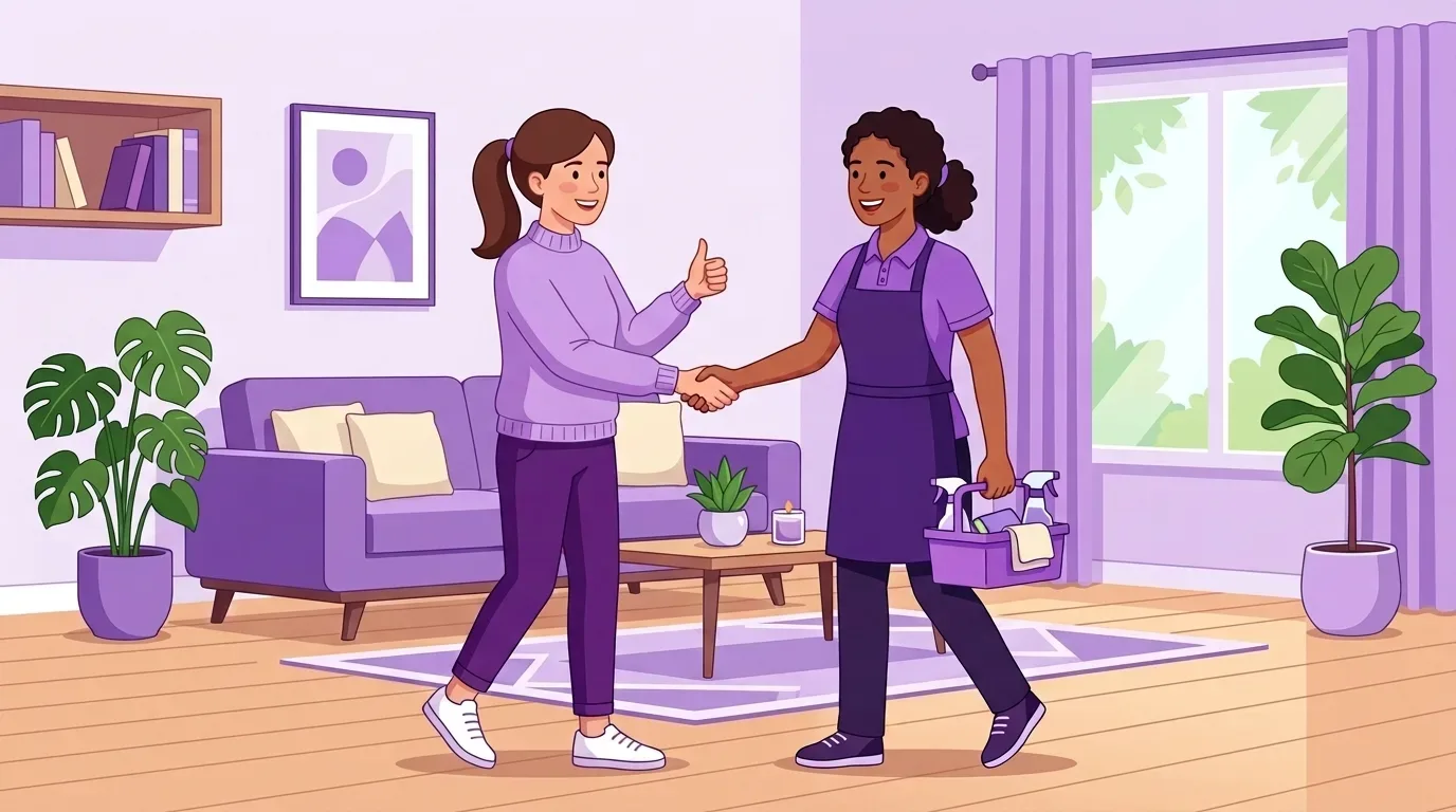 profissional de limpeza: Ilustração em estilo vetor plano de duas mulheres sorrindo e selando um acordo com um aperto de mãos em uma sala de estar. À esquerda, uma cliente branca de cabelos castanhos em rabo de cavalo, vestindo blusa lilás de gola alta e calça roxa, faz um sinal de "positivo" (dedo polegar para cima) com a outra mão. À direita, uma profissional de limpeza negra com cabelos presos, usando polo lilás e avental roxo escuro, retribui o aperto de mão enquanto segura uma cesta organizadora roxa cheia de borrifadores e panos. A decoração do cômodo segue tons de roxo e madeira, incluindo um grande sofá, tapete geométrico, plantas em vasos e cortinas na janela ao fundo.
