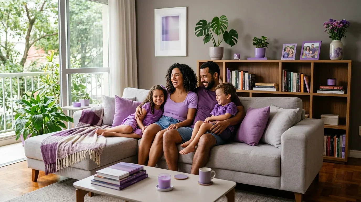 feedback para diarista: Uma família sorridente — pai, mãe e dois filhos pequenos (uma menina e um menino) — reunida em um sofá cinza de uma sala de estar acolhedora. Todos vestem camisetas ou vestidos em tons de roxo e lavanda combinados com shorts jeans. Eles riem juntos em um momento de descontração. A decoração do ambiente segue estritamente a paleta de cores roxa: as almofadas, uma manta dobrada no braço do sofá, os vasos de plantas, as velas decorativas na mesa de centro e até os porta-retratos na estante de madeira ao fundo possuem detalhes ou acabamentos em tons de roxo. Ao fundo, uma grande janela de vidro revela a copa verde de árvores na área externa.