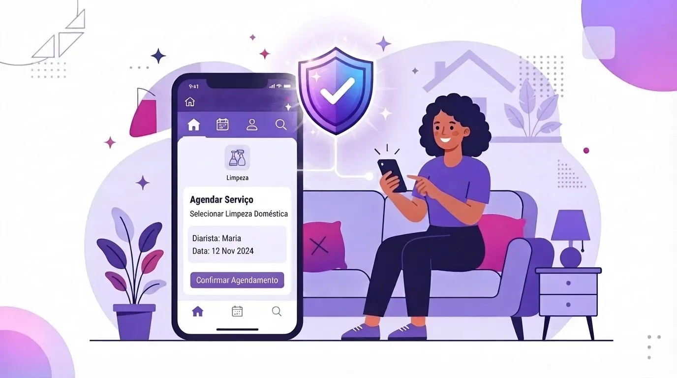 diaristas: Ilustração digital em estilo vetor plano sobre o agendamento seguro de serviços domésticos. Em primeiro plano, à esquerda, a tela ampliada de um smartphone exibe a interface de um aplicativo com as opções: "Agendar Serviço", "Selecionar Limpeza Doméstica", "Diarista: Maria", "Data: 12 Nov 2024" e um botão roxo em destaque com o texto "Confirmar Agendamento". Acima do celular, brilha um escudo holográfico azul e roxo com um símbolo de visto ($checkmark$), representando segurança e proteção. À direita, ao fundo, uma mulher negra sorridente com cabelos cacheados usa uma camiseta roxa e mexe em seu celular enquanto está sentada em um sofá lilás.