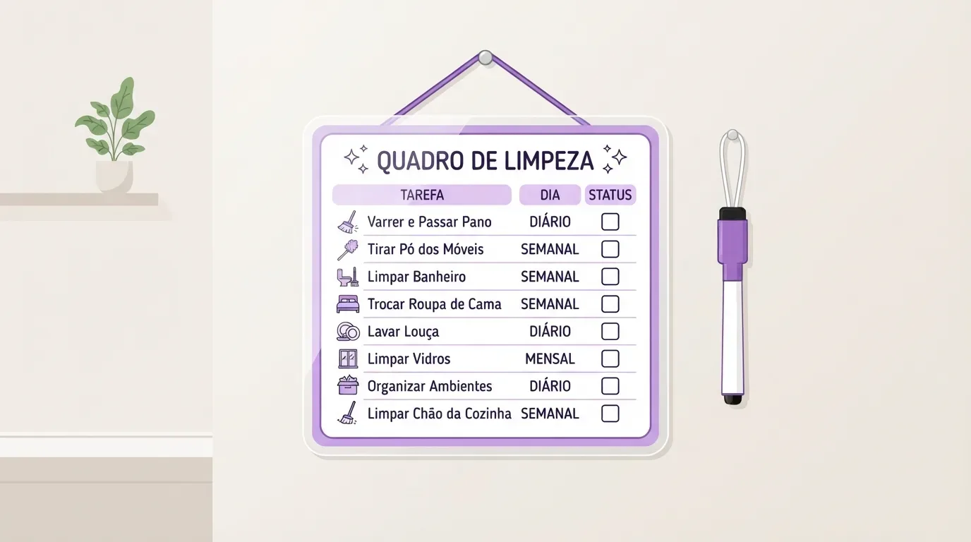 limpeza: Ilustração minimalista em estilo vetor de um "QUADRO DE LIMPEZA" retangular com bordas arredondadas em tom lilás, pendurado por um cordão roxo em uma parede bege clara. O quadro serve como um planejador de cronograma doméstico e é estruturado em uma tabela com as colunas "TAREFA", "DIA" e "STATUS". As linhas listam os seguintes tópicos com seus respectivos ícones e frequências: "Varrer e Passar Pano" (Diário), "Tirar Pó dos Móveis" (Semanal), "Limpar Banheiro" (Semanal), "Trocar Roupa de Cama" (Semanal), "Lavar Louça" (Diário), "Limpar Vidros" (Mensal), "Organizar Ambientes" (Diário) e "Limpar Chão da Cozinha" (Semanal) — todas acompanhadas por uma caixa de seleção quadrada em branco. À direita do quadro, uma caneta marcadora roxa e branca está pendurada verticalmente por uma alça em um gancho na parede.