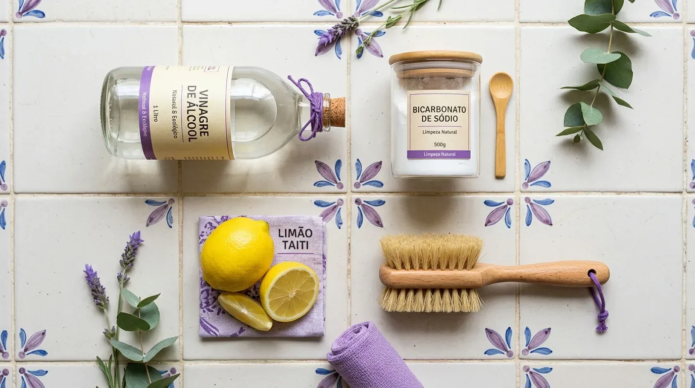 casa realmente limpa: Uma vista superior organizada (flat lay) de ingredientes e ferramentas de limpeza naturais dispostos sobre um piso de azulejos de cerâmica branca com padrões geométricos em azul e roxo. Estão alinhados de forma simétrica: uma garrafa de vidro transparente com o rótulo "VINAGRE DE ÁLCOOL Natural & Ecológico 1 Litro"; um pote de vidro com tampa de madeira contendo pó branco e o rótulo "BICARBONATO DE SÓDIO Limpeza Natural 500g" com uma colher de madeira pequena; uma escova de limpeza de madeira com cerdas naturais; um pano roxo enrolado; um guardanapo de linho roxo com a inscrição "LIMÃO Taiti" e limões (um inteiro e fatias); e ramos de lavanda e eucalipto secos.