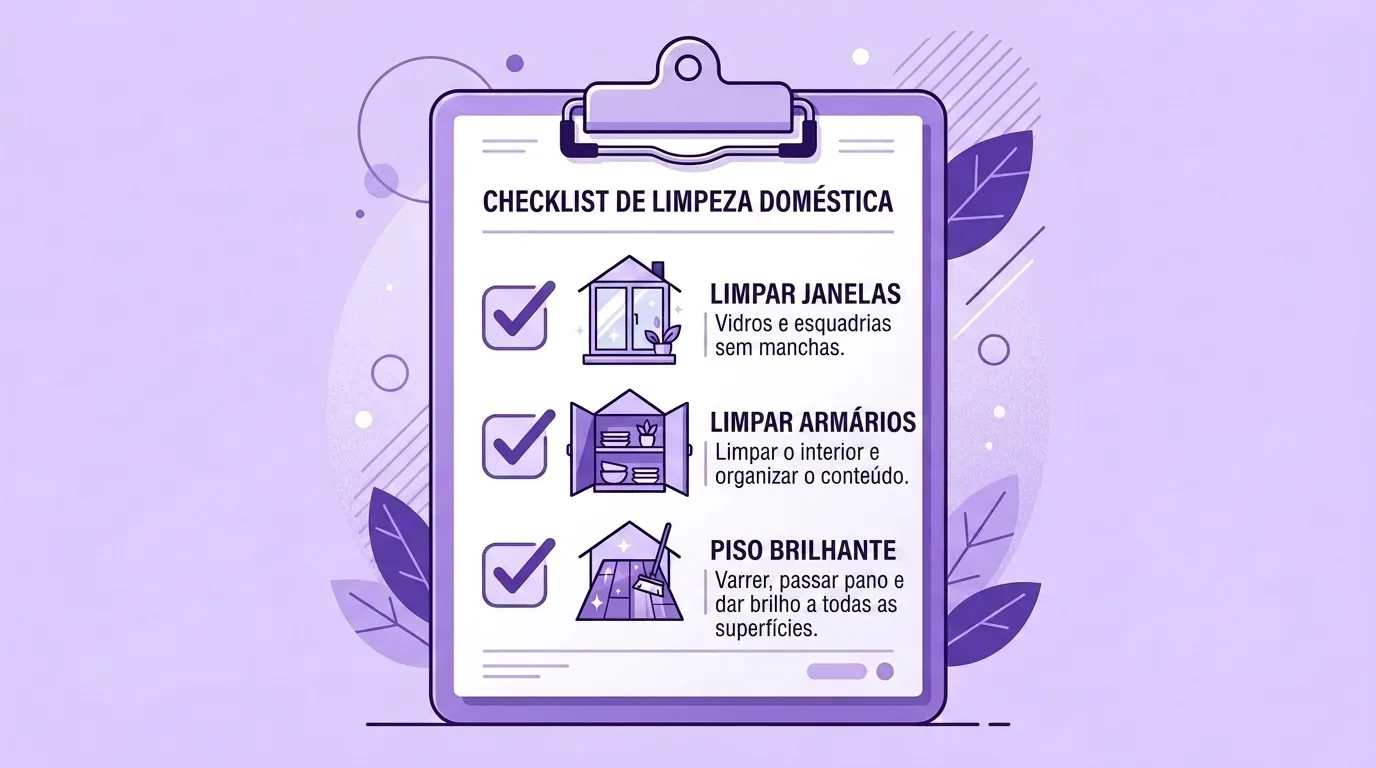 limpeza antes de mudar: Ilustração em estilo infográfico de uma prancheta roxa com uma folha de papel branca intitulada "CHECKLIST DE LIMPEZA DOMÉSTICA" em letras pretas e maiúsculas. A lista apresenta três tarefas domésticas, todas com uma caixa de seleção marcada com um símbolo de visto ($checkmark$) roxo. Cada item traz um ícone estilizado dentro de uma silhueta de casa e um texto descritivo: o primeiro é "LIMPAR JANELAS (Vidros e esquadrias sem manchas)"; o segundo é "LIMPAR ARMÁRIOS (Limpar o interior e organizar o conteúdo)"; e o terceiro é "PISO BRILHANTE (Varrer, passar pano e dar brilho a todas as superfícies)". O fundo tem ornamentos de folhas roxas e círculos abstratos.