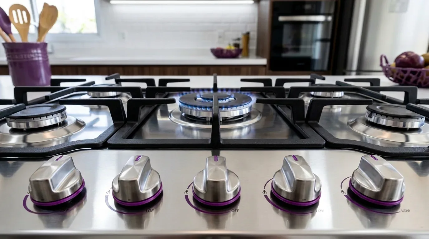 preparar casa para diarista: Fotografia em ângulo fechado e simétrico de um cooktop moderno de aço inoxidável com cinco bocas, com o queimador central aceso exibindo uma chama azul vívida. Em primeiro plano, destacam-se os botões giratórios de controle prateados, que possuem um acabamento decorativo na cor roxa em suas bases. Ao fundo, a cozinha planejada aparece sutilmente desfocada, revelando uma parede de revestimento branco estilo tijolinho, utensílios de madeira em um suporte roxo e um forno embutido em armários escuros.